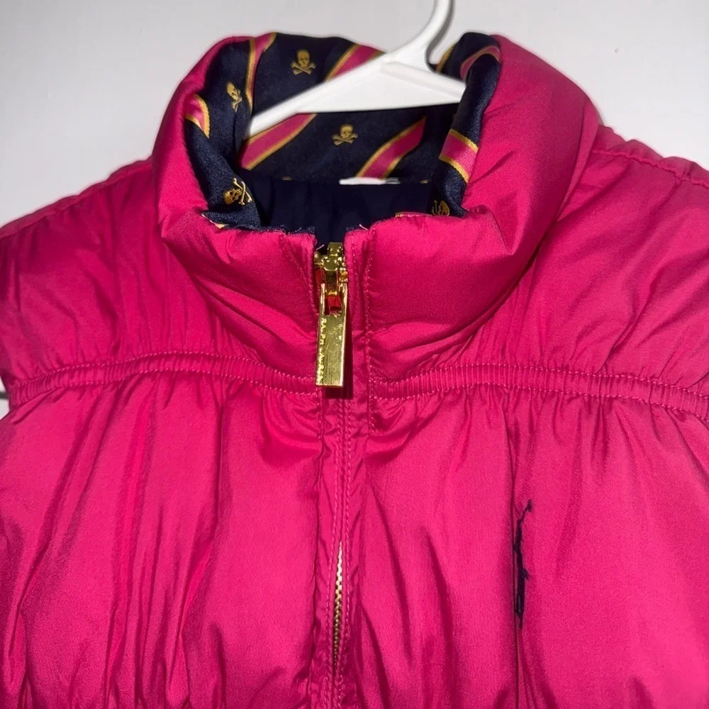 Ralph Lauren Girls Reversible Full Zip Down Puffer Vest Size 8-10 Pink/navy blue